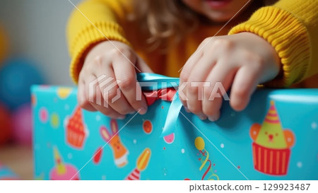 Child's Hands Unwrapping a Colorful Birthday Gift with Confetti Background Child's Hands Unwrapping a Colorful Birthday Gift with Confetti Background 129923487