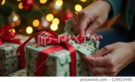 Close-Up of Hands Unwrapping a Gift Box with Ribbon on Christmas Background 129923490