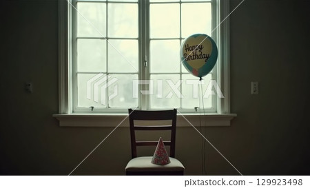 Lonely Birthday Balloon by Window at Sunset with Confetti and Party Hat 129923498