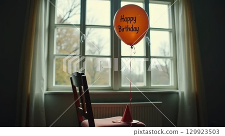 Lonely Birthday Balloon by Window at Sunset with Confetti and Party Hat 129923503