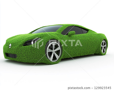 A modern car is entirely covered in lush green grass, creating an eco-friendly and conceptual design. The unique texture stands out against the clean white background. 129923545