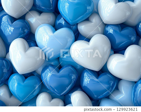 A colorful background filled with many hearts in various shades of blue and white, with a glossy, polished texture. 129923621