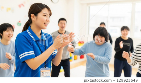 A smiling woman with a disability enjoying recreation at a facility 129923649