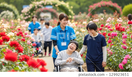 A photo of a wheelchair-bound person and a female support worker smiling in the rose garden of a park 129923651