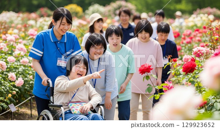 公園玫瑰園中，一位坐輪椅的人和一位女性護理人員微笑著的照片 129923652