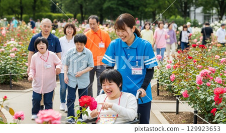 公園玫瑰園中，一位坐輪椅的人和一位女性護理人員微笑著的照片 129923653