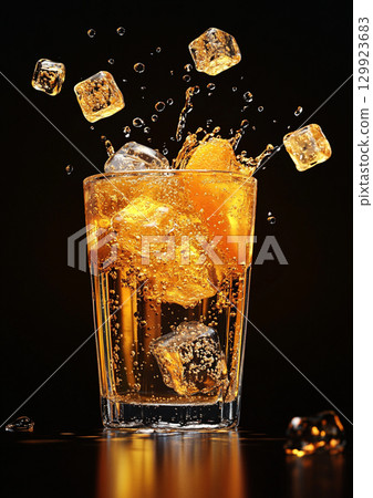 A high-speed shot captures vibrant orange juice and ice cubes splashing dynamically in a clear glass against a dark background, creating a refreshing burst. 129923683
