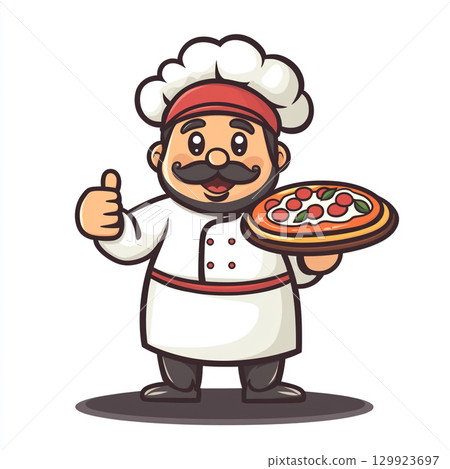 A cheerful cartoon chef with a mustache and hat holds a pizza while giving a thumbs-up. The image is set against an orange circle. A cheerful cartoon chef with a mustache and hat holds a pizza while giving a thumbs-up. The image is set against an orange circle. 129923697