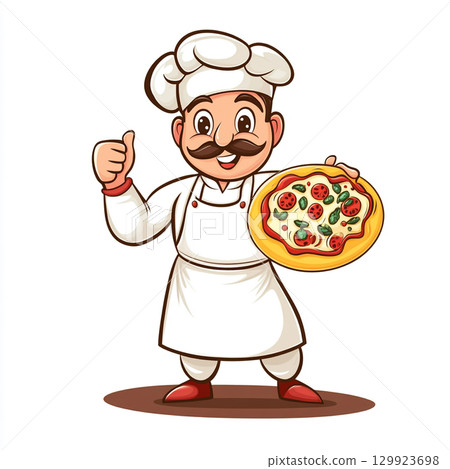 A cheerful cartoon chef with a mustache and hat holds a pizza while giving a thumbs-up. The image is set against an orange circle. 129923698