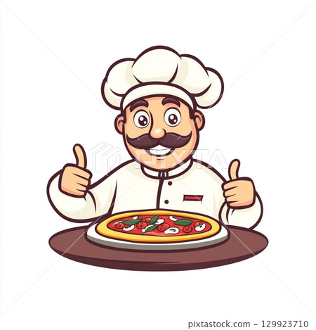 A cheerful cartoon chef with a mustache and hat holds a pizza while giving a thumbs-up. The image is set against an orange circle. 129923710