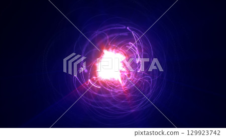 Radiant purple energy sphere with swirling light trails and glowing center, symbolizing cosmic creation, digital power, and futuristic brilliance 129923742