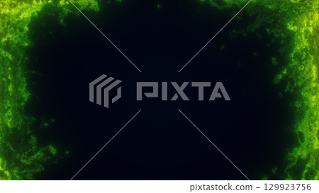Glowing green abstract digital frame with vibrant energy particles surrounding a dark central void 129923756