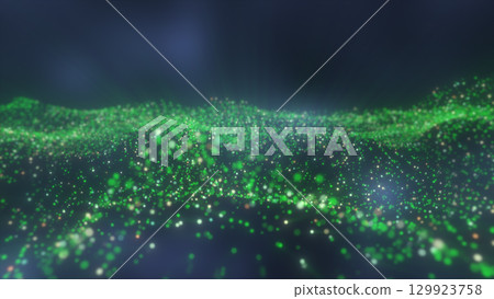 Glowing green and white digital particles forming soft waves over a dark futuristic field Glowing green and white digital particles forming soft waves over a dark futuristic field 129923758