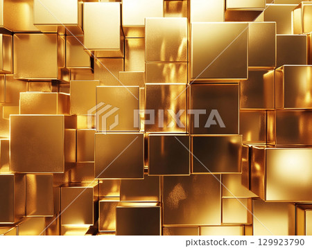 A field of glossy golden cubes, all nearly uniform in size and arranged in rows, creating a luxurious and textured background. 129923790
