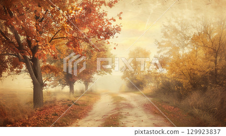Autumn country road and autumn leaves scenery 129923837