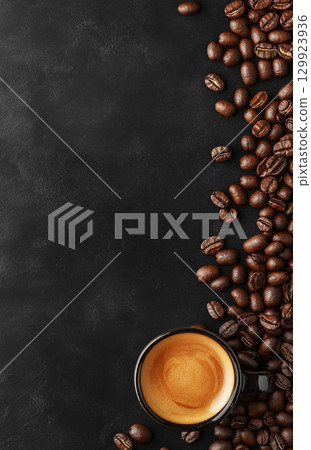 A cup of coffee sits on a dark, textured background, surrounded by scattered roasted coffee beans. The image is shot from a top-down perspective. 129923936
