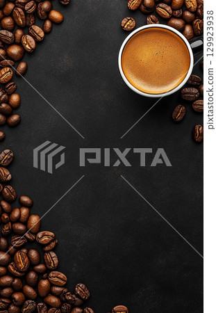 A cup of coffee sits on a dark, textured background, surrounded by scattered roasted coffee beans. The image is shot from a top-down perspective. A cup of coffee sits on a dark, textured background, surrounded by scattered roasted coffee beans. The image is shot from a top-down perspective. 129923938