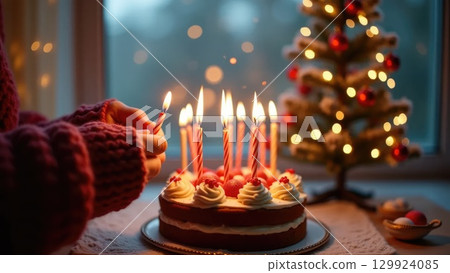 Christmas Birthday Celebration Hands in Sweater Blowing Out Candles on Cake Christmas Birthday Celebration Hands in Sweater Blowing Out Candles on Cake 129924085