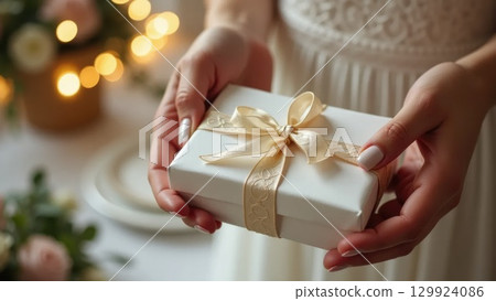Bride or Groom Hands Unwrapping a White and Gold Wedding Gift Bride or Groom Hands Unwrapping a White and Gold Wedding Gift 129924086