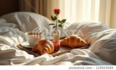 Romantic Breakfast in Bed Tray Setting with Croissants and Coffee Romantic Breakfast in Bed Tray Setting with Croissants and Coffee 129924089