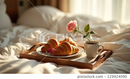 Romantic Breakfast in Bed Tray Setting with Croissants and Coffee Romantic Breakfast in Bed Tray Setting with Croissants and Coffee 129924090