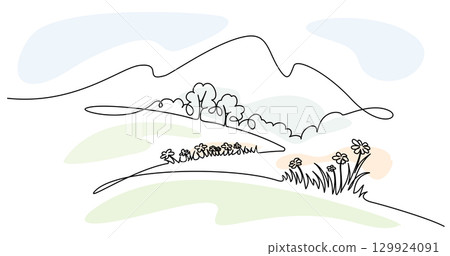Landscape with flowers trees and mountains. Single one line drawing 129924091