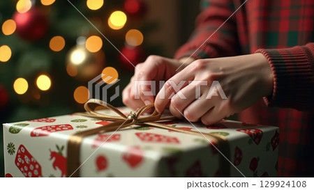 Close-Up of Hands Unwrapping a Gift Box with Ribbon on Christmas Background 129924108