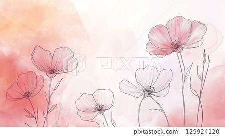 A soft watercolor painting depicts delicate pink flowers with thin stems against a light, hazy background. The artwork has a gentle, dreamy feel. 129924120