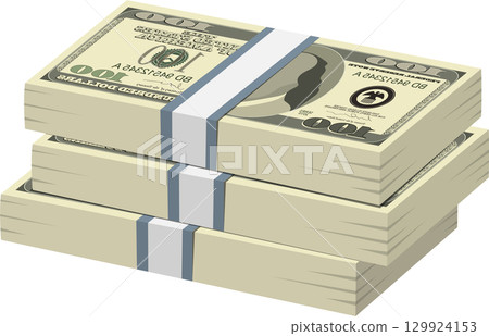 Three stacks of $100 dollar bills bundled together with white bands, indicating wealth and finance. 129924153