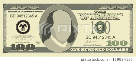 Illustration of a one hundred dollar bill with a blank face, symbolizing finance concept. 129924155