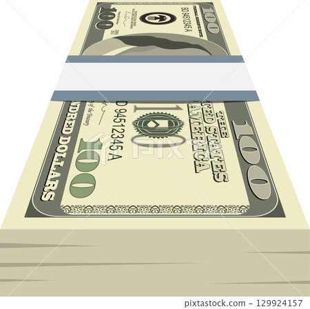 Stack of money: a large quantity of one hundred dollar bills wrapped with a light band. Stack of money: a large quantity of one hundred dollar bills wrapped with a light band. 129924157
