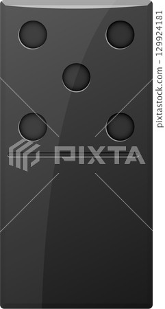 Glossy black domino with five pips displayed in a classic pattern, ready for game play. 129924181