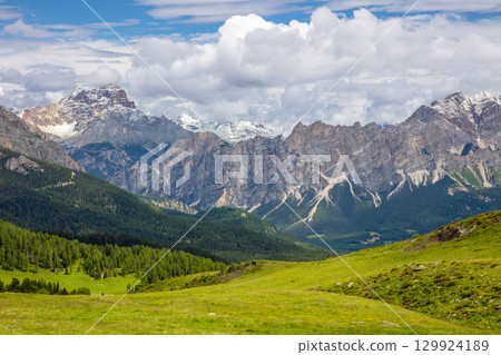 Alpine Valley with Majestic Peaks Alpine Valley with Majestic Peaks 129924189