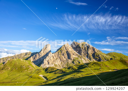 Sunny Austrian Valley and Daytime Moon 129924207