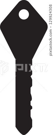 Dark silhouette of a key, representing security, access, and unlocking potential or mystery. 129924308