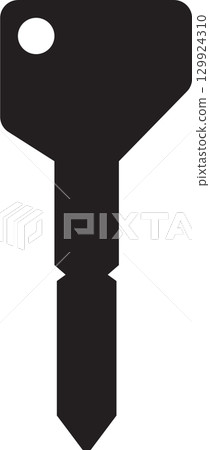 A black silhouette of a key with a hole at the top, long stem, and a pointed end in simple style. 129924310