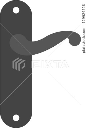 A simple gray door handle is depicted with sleek curves and minimal details against black. 129924328