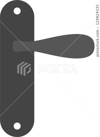 An image portrays a minimalistic, gray door handle affixed to a rectangular, dark gray plate. 129924335