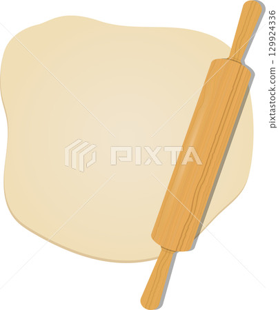 A cartoon image depicts dough rolled out with a wooden rolling pin, ready for baking a pie. 129924336