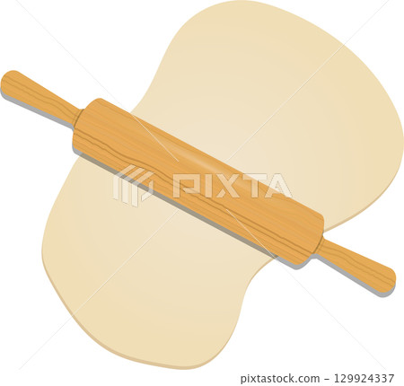 Wooden rolling pin stretching a circle of pale dough on a black surface, baking preparation Wooden rolling pin stretching a circle of pale dough on a black surface, baking preparation 129924337