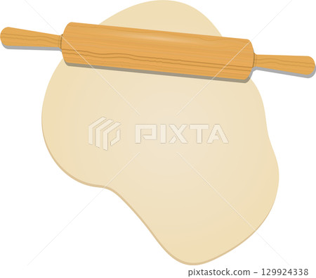 Rolling pin rests atop a piece of dough, ready to be flattened for baking preparation. 129924338