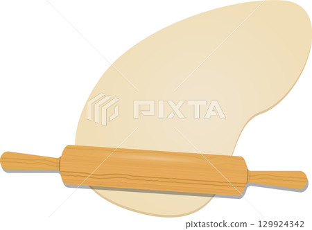 A rolling pin flattening dough, illustrating baking or cooking preparation in progress. 129924342