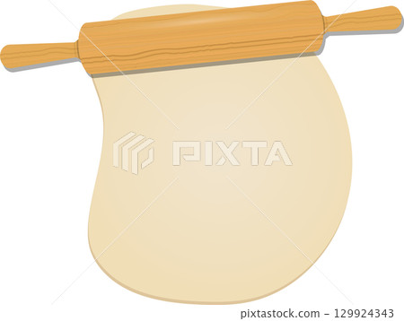 Dough being flattened by wooden rolling pin. The beige colored dough is being shaped on a black background. 129924343