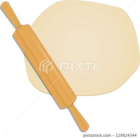 Wooden rolling pin resting on a flat circular shape of raw dough against a dark background. 129924344