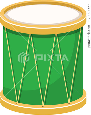 Green drum with white top and bottom, gold trim and tension ropes, musical rhythm, percussion 129924362