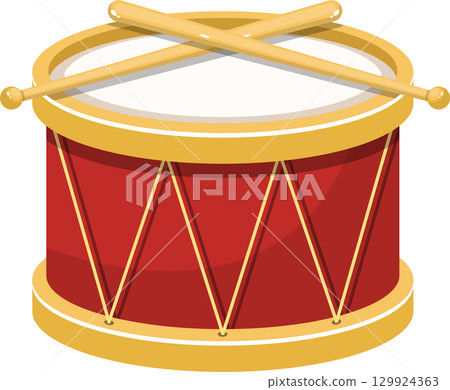 Classic red drum with golden accents and crossed drumsticks, an illustration for musical themes. Classic red drum with golden accents and crossed drumsticks, an illustration for musical themes. 129924363