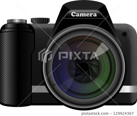 Illustration of a black digital camera with a large lens against a plain black backdrop. Illustration of a black digital camera with a large lens against a plain black backdrop. 129924367