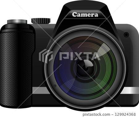 Illustration of a sleek black camera with a prominent lens, reflecting light and color variations. Illustration of a sleek black camera with a prominent lens, reflecting light and color variations. 129924368