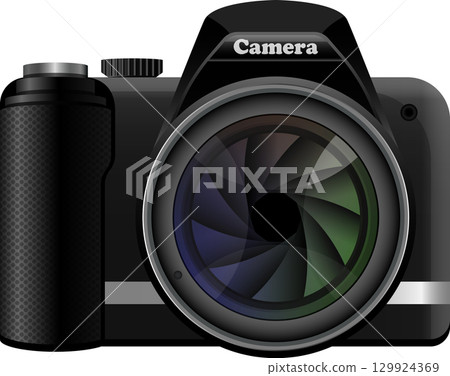 A black digital camera with a prominent lens featuring a multi-sectioned iris and a textured grip. A black digital camera with a prominent lens featuring a multi-sectioned iris and a textured grip. 129924369