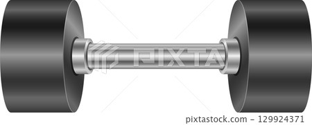 Dumbbell with weights at each end and a handle in the center. Lifting weights for exercise. 129924371